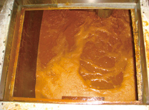 水槽未清洗前，內部水體呈現混濁，積滿雜質與污垢。